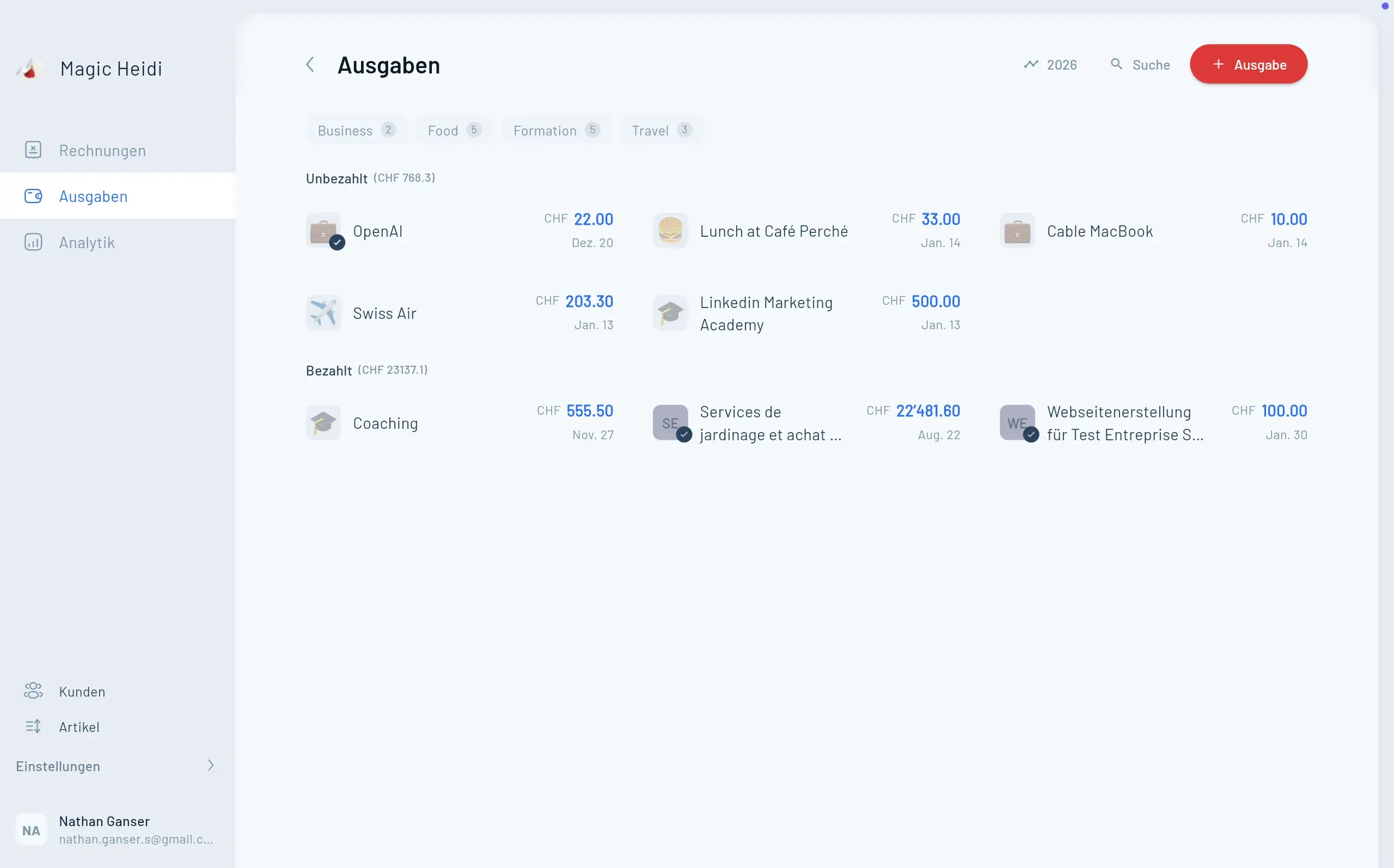 Magic Heidi Expenses List