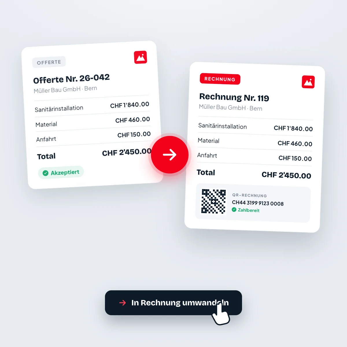 Offerte wird per Klick zur Rechnung konvertiert